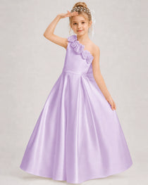 Lilac Flower Girl Dress One-Shoulder 3D Rose Bow Satin Floor-Length Gown Front View