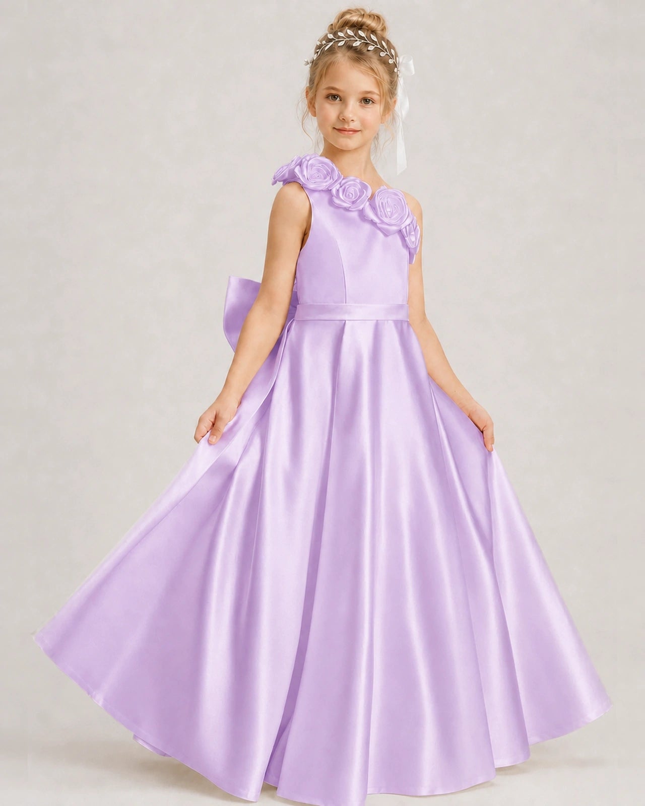 Lilac Flower Girl Dress One-Shoulder 3D Rose Bow Satin Floor-Length Gown Front View