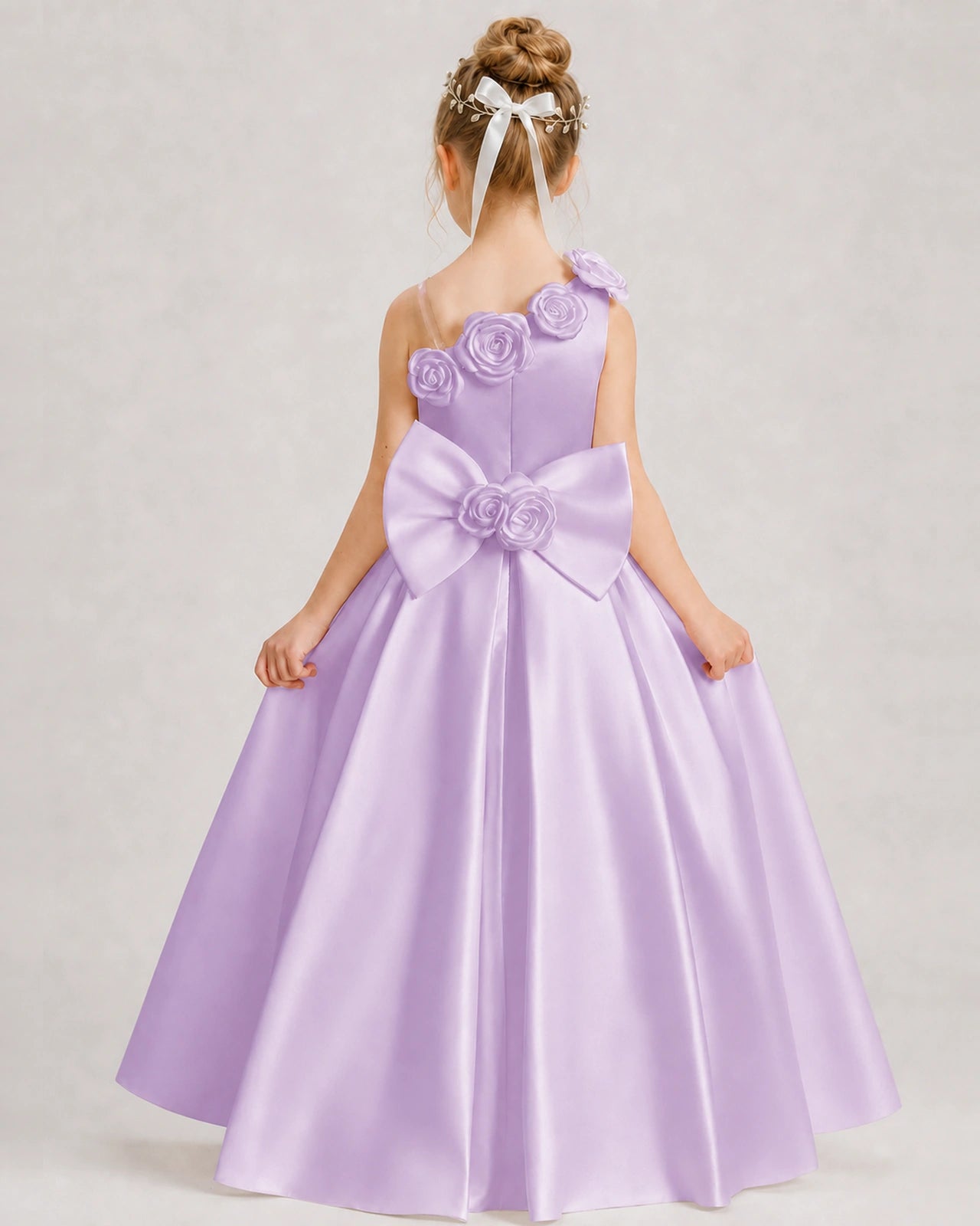 Lilac Flower Girl Dress One-Shoulder 3D Rose Bow Satin Floor-Length Gown Back View
