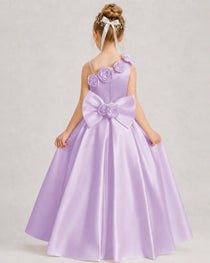 Lilac Flower Girl Dress One-Shoulder 3D Rose Bow Satin Floor-Length Gown Back View
