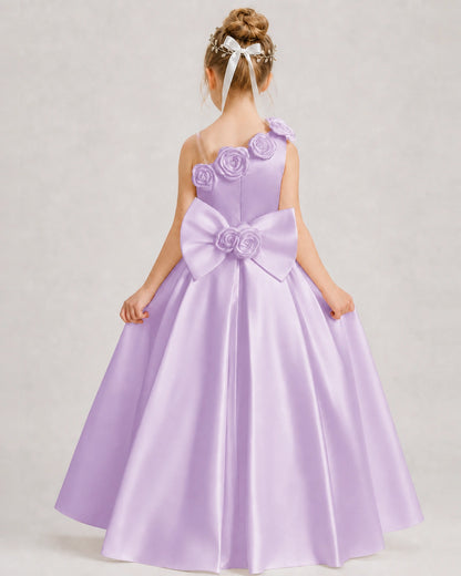 Lilac Flower Girl Dress One-Shoulder 3D Rose Bow Satin Floor-Length Gown Back View