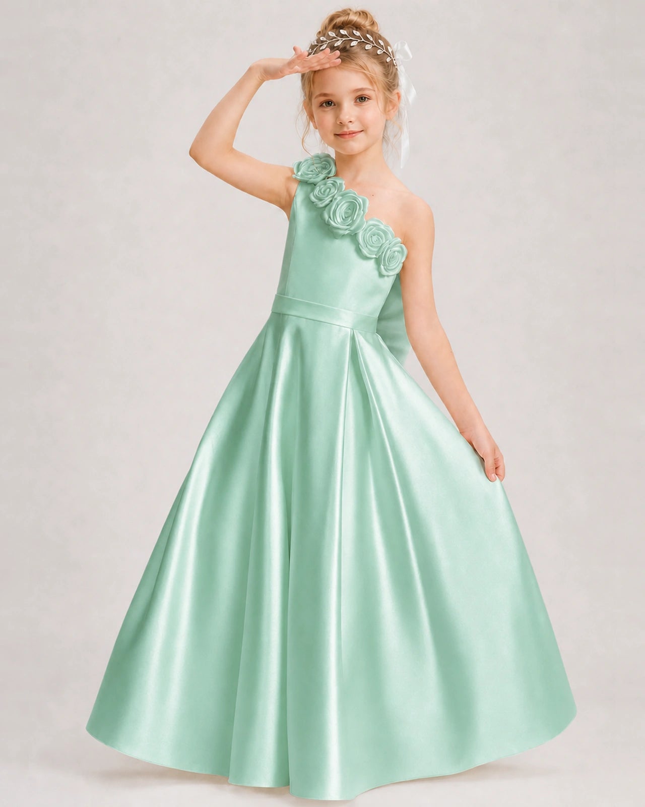 Mint Green Flower Girl Dress One-Shoulder 3D Rose Bow Satin Floor-Length Gown Front View