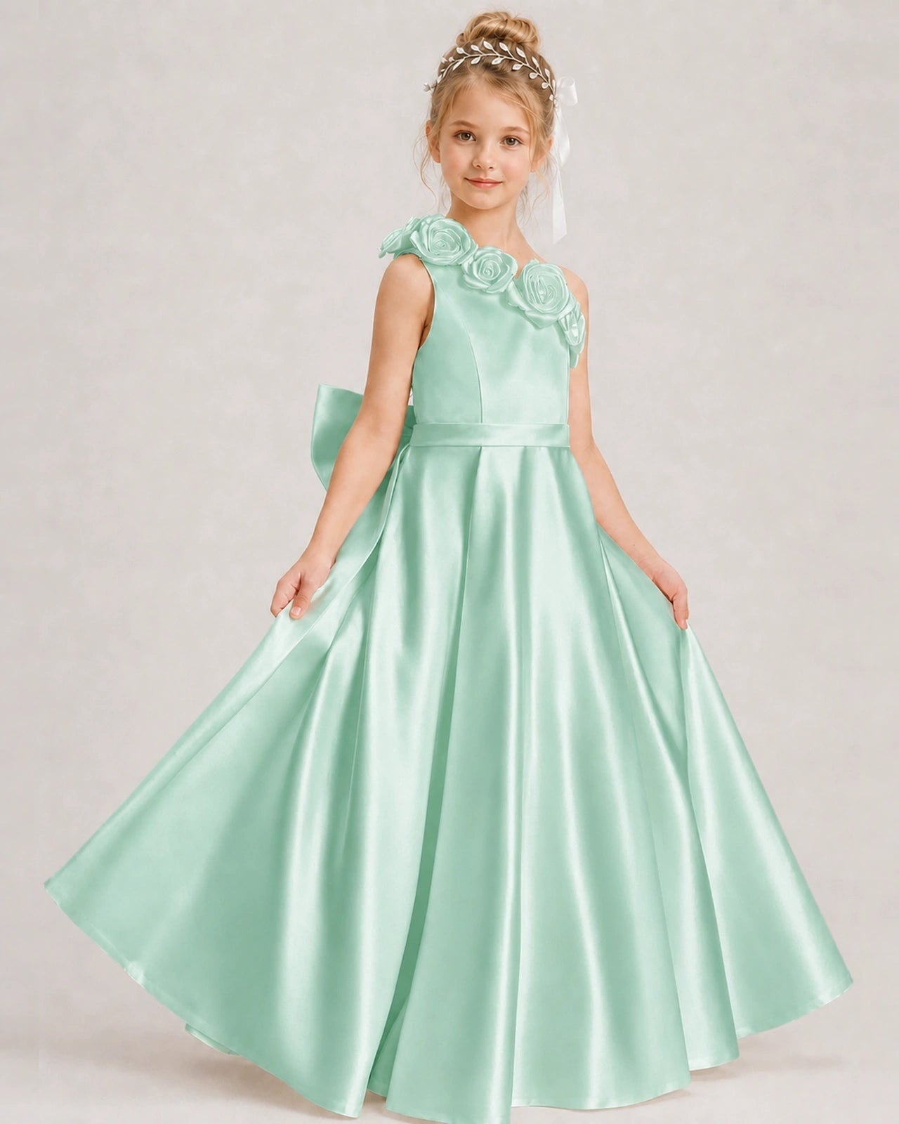 Mint Green Flower Girl Dress One-Shoulder 3D Rose Bow Satin Floor-Length Gown Front View