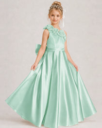 Mint Green Flower Girl Dress One-Shoulder 3D Rose Bow Satin Floor-Length Gown Front View