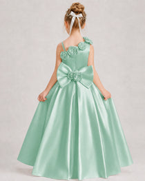 Mint Green Flower Girl Dress One-Shoulder 3D Rose Bow Satin Floor-Length Gown Back View