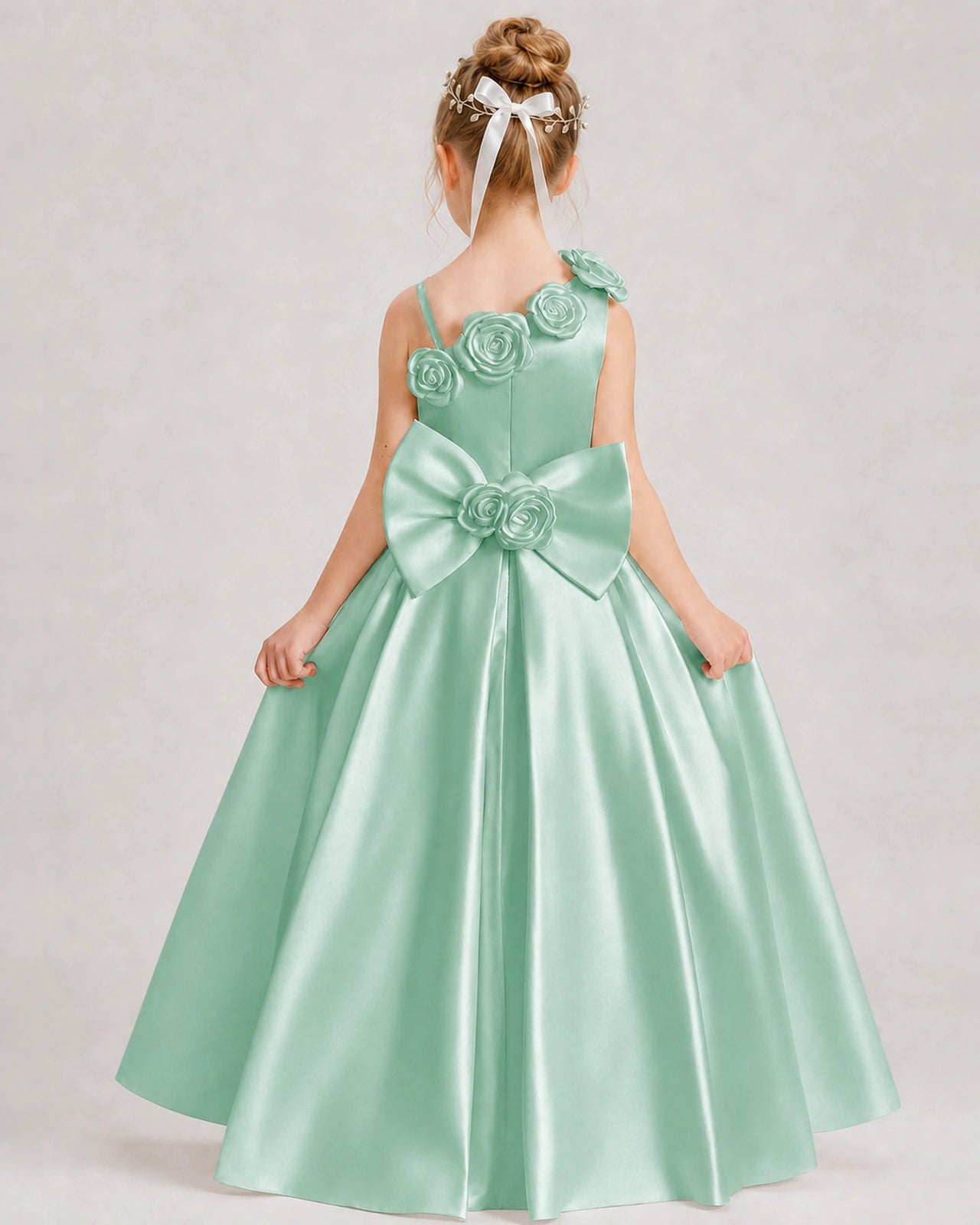 Mint Green Flower Girl Dress One-Shoulder 3D Rose Bow Satin Floor-Length Gown Back View