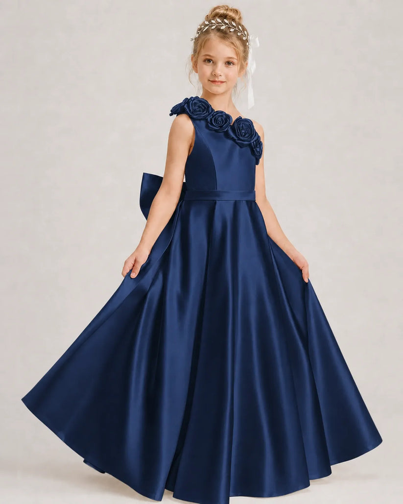 Navy Blue Satin A-line Girls Formal Dress Front View