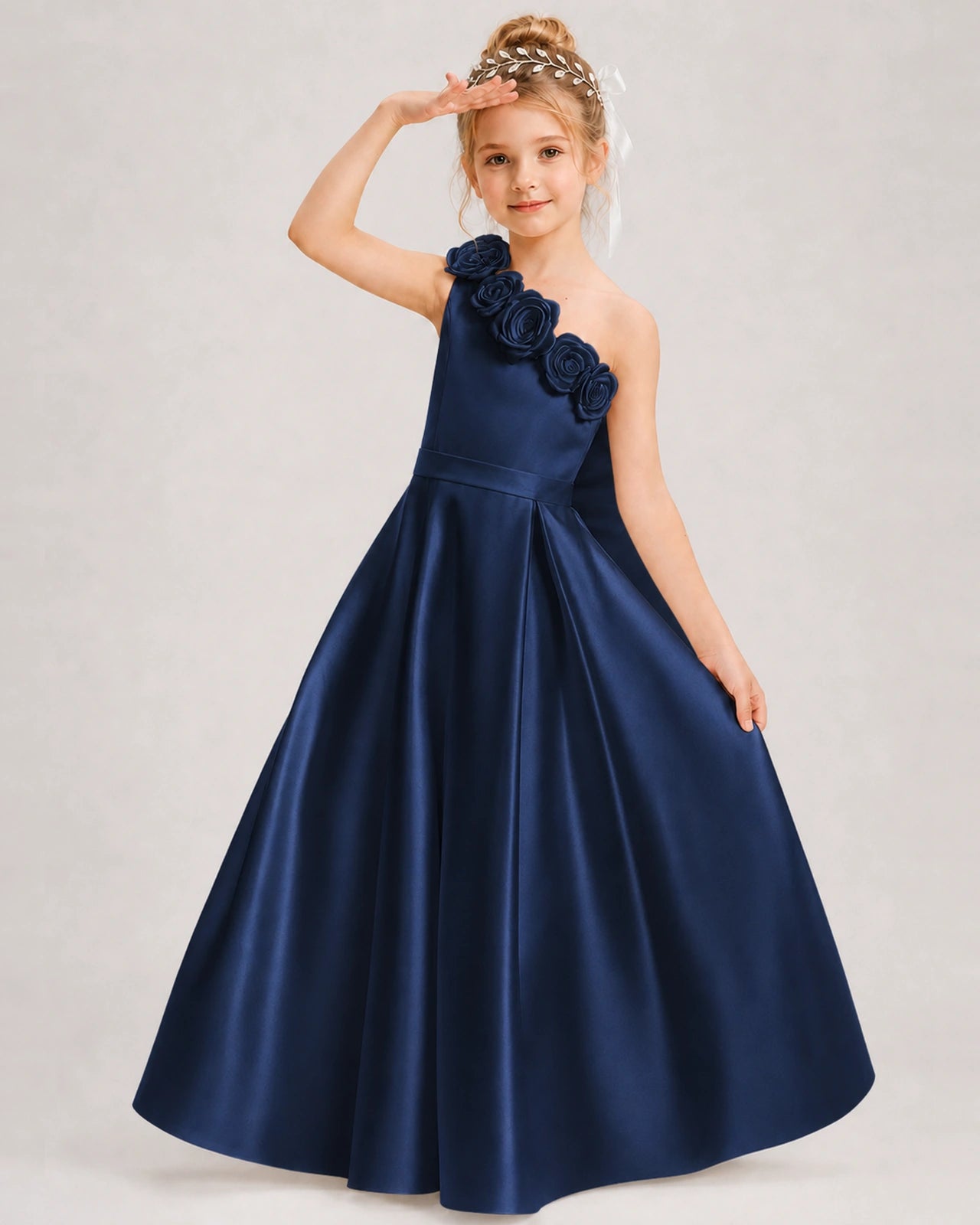 Navy Blue Flower Girl Dress One-Shoulder 3D Rose Bow Satin Floor-Length Gown Front View