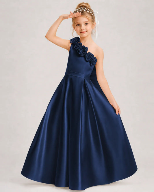 Navy Blue Satin A-line Girls Formal Dress Front View
