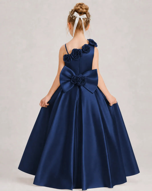 Navy Blue Satin A-line Girls Formal Dress Back View