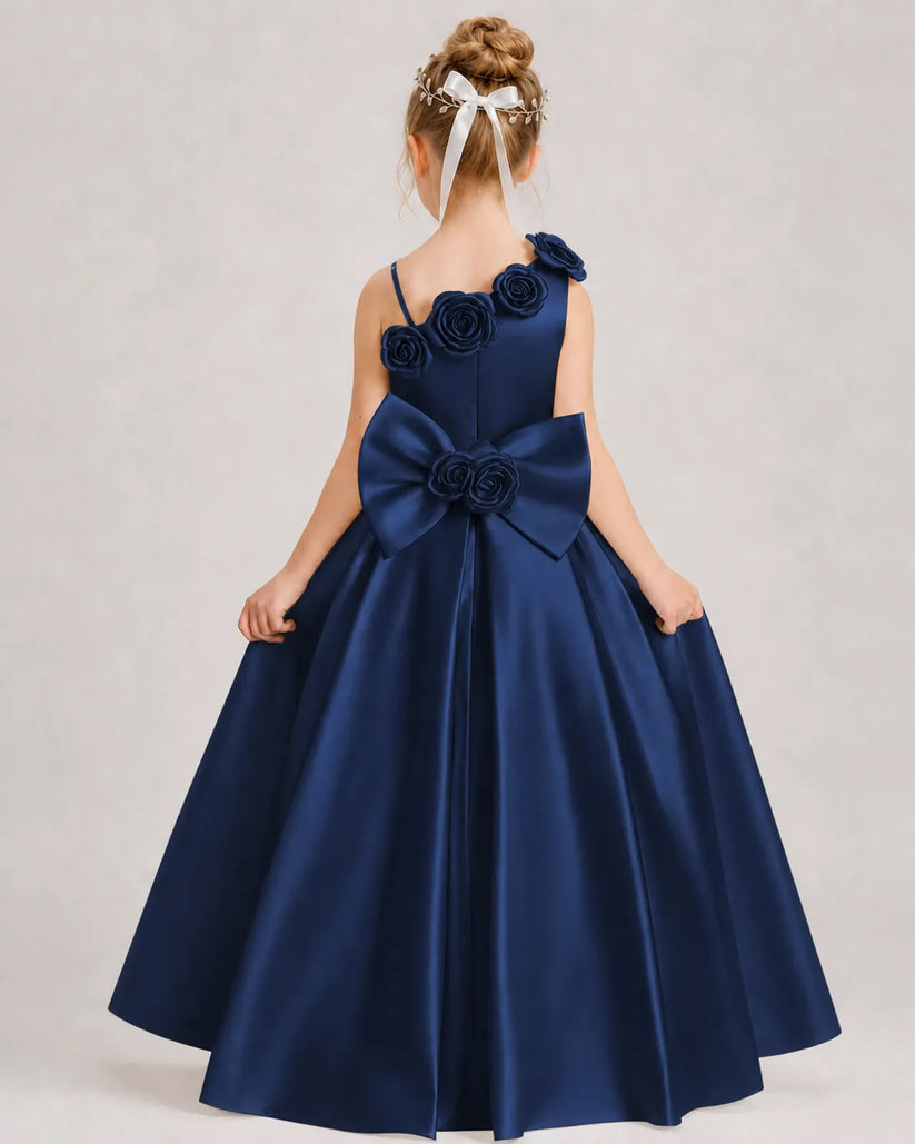 Navy Blue Satin A-line Girls Formal Dress Back View