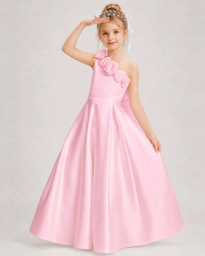Pink Flower Girl Dress One-Shoulder 3D Rose Bow Satin Floor-Length Gown Front View