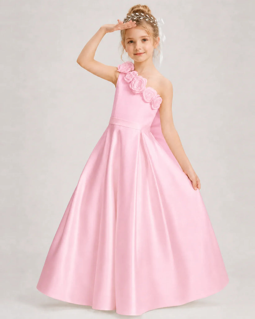 Pink Satin A-line Girls Formal Dress Front View