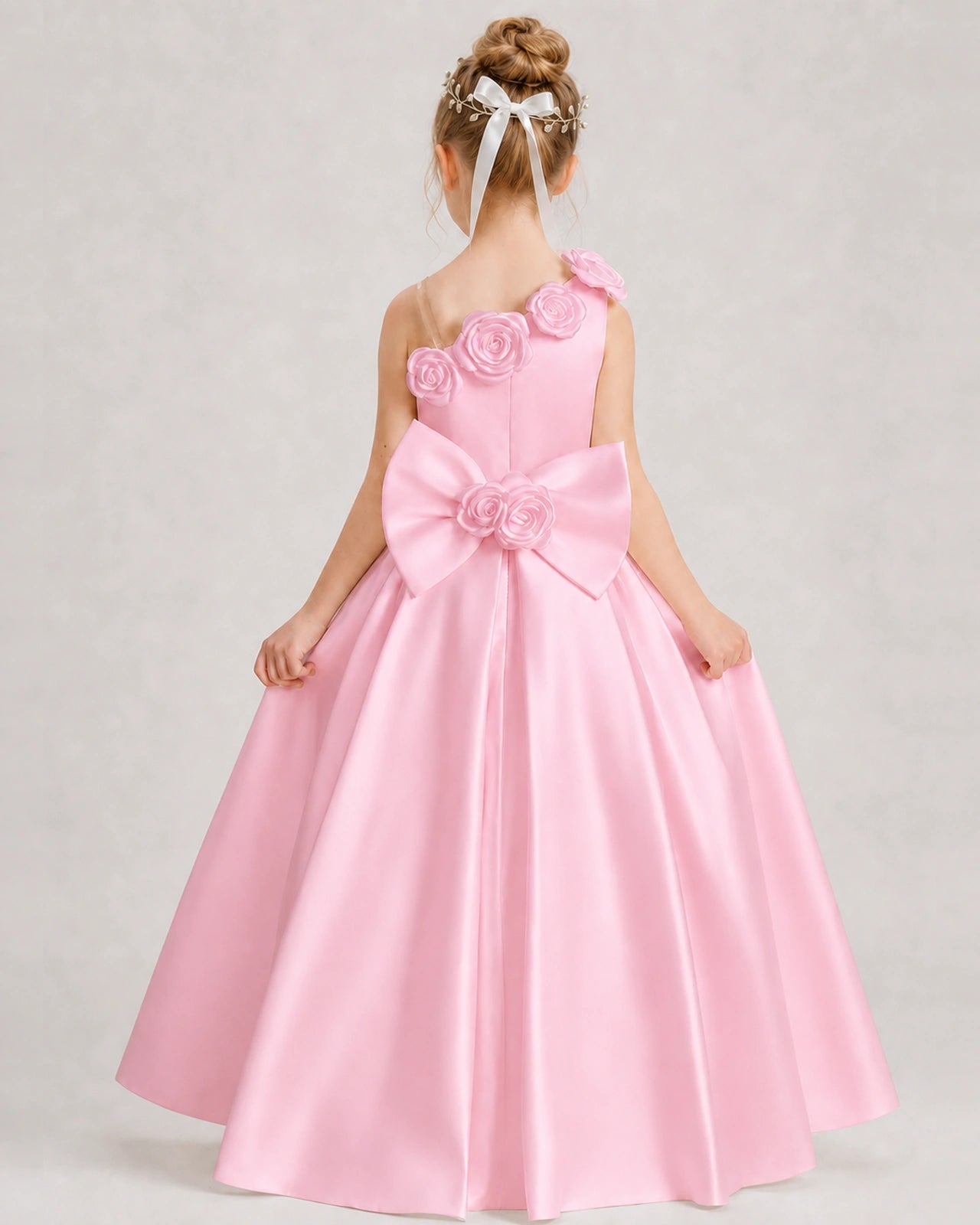 Pink Flower Girl Dress One-Shoulder 3D Rose Bow Satin Floor-Length Gown Back View