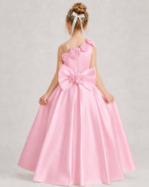 Pink Flower Girl Dress One-Shoulder 3D Rose Bow Satin Floor-Length Gown Back View
