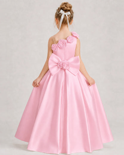 Pink Flower Girl Dress One-Shoulder 3D Rose Bow Satin Floor-Length Gown Back View