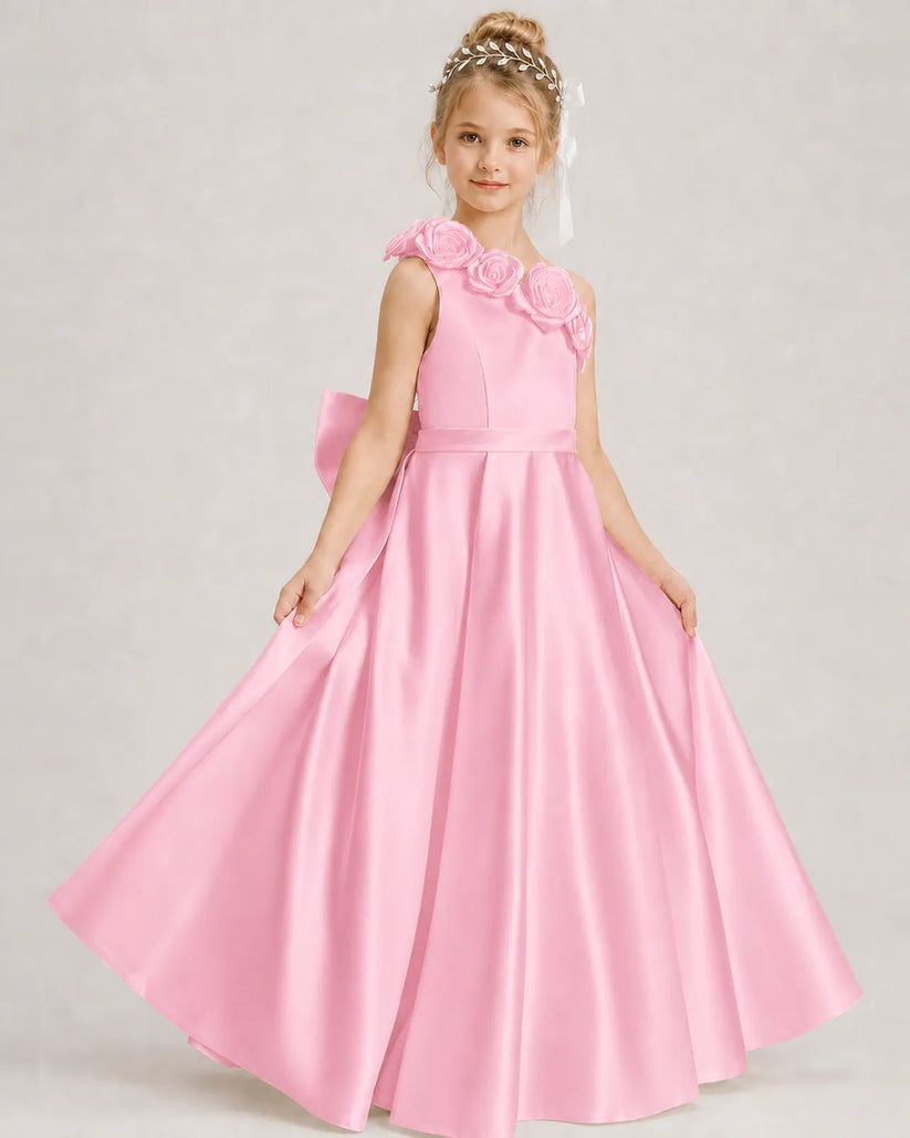 Pink Satin A-line Girls Formal Dress Front View