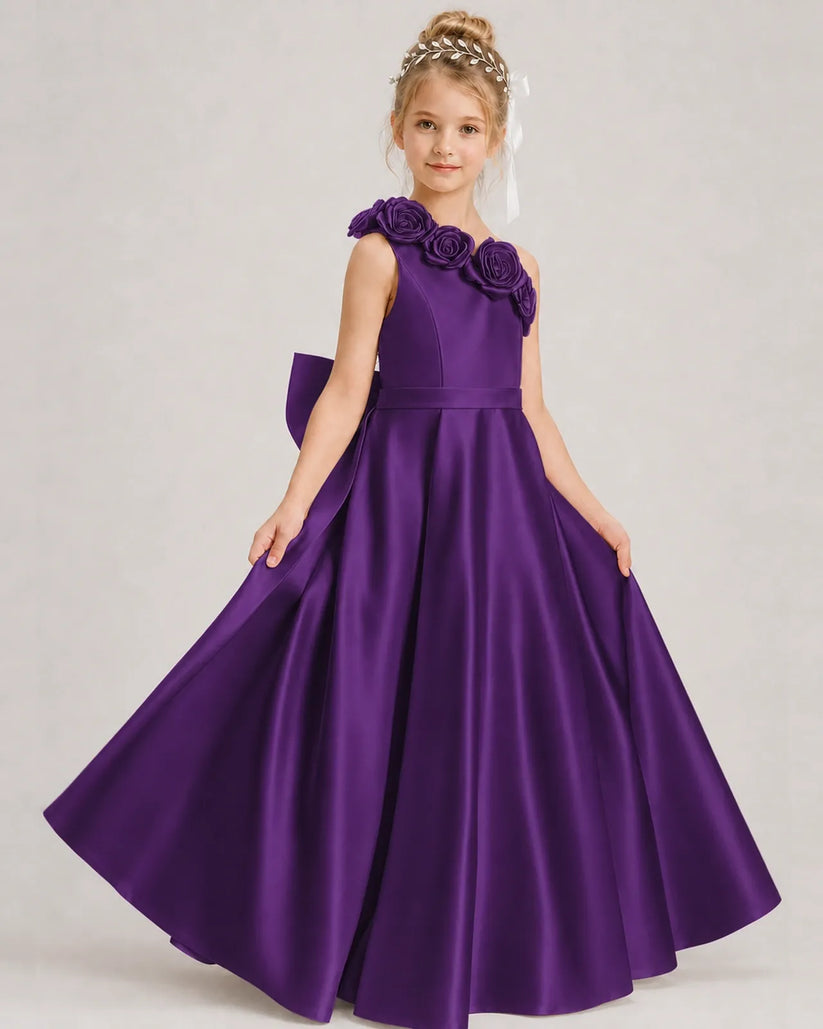 Purple Satin A-line Girls Formal Dress Front View