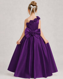 Purple Flower Girl Dress One-Shoulder 3D Rose Bow Satin Floor-Length Gown Back View
