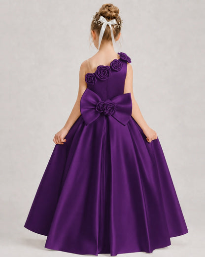 Purple Flower Girl Dress One-Shoulder 3D Rose Bow Satin Floor-Length Gown Back View