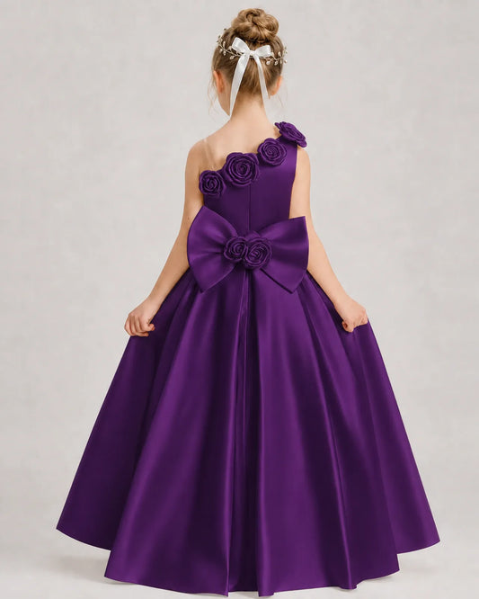 Purple Satin A-line Girls Formal Dress Back View