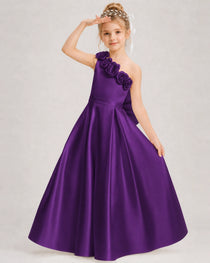 Purple Flower Girl Dress One-Shoulder 3D Rose Bow Satin Floor-Length Gown Front View