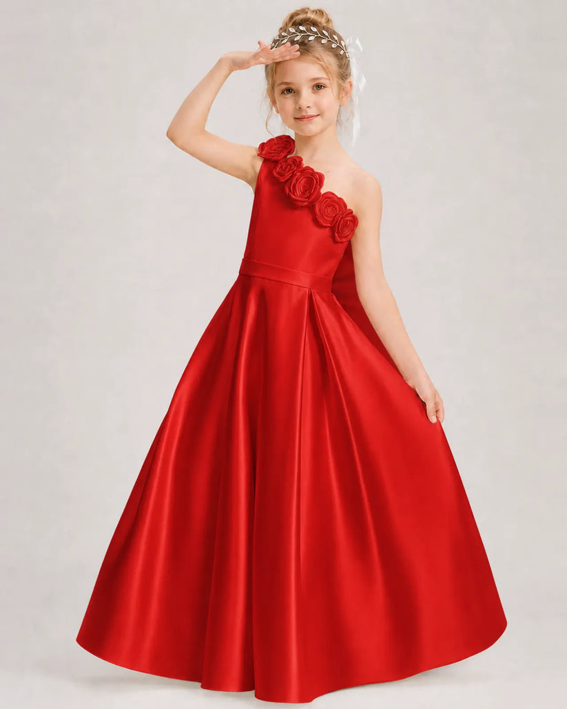 Red Satin A-line Girls Formal Dress Front View
