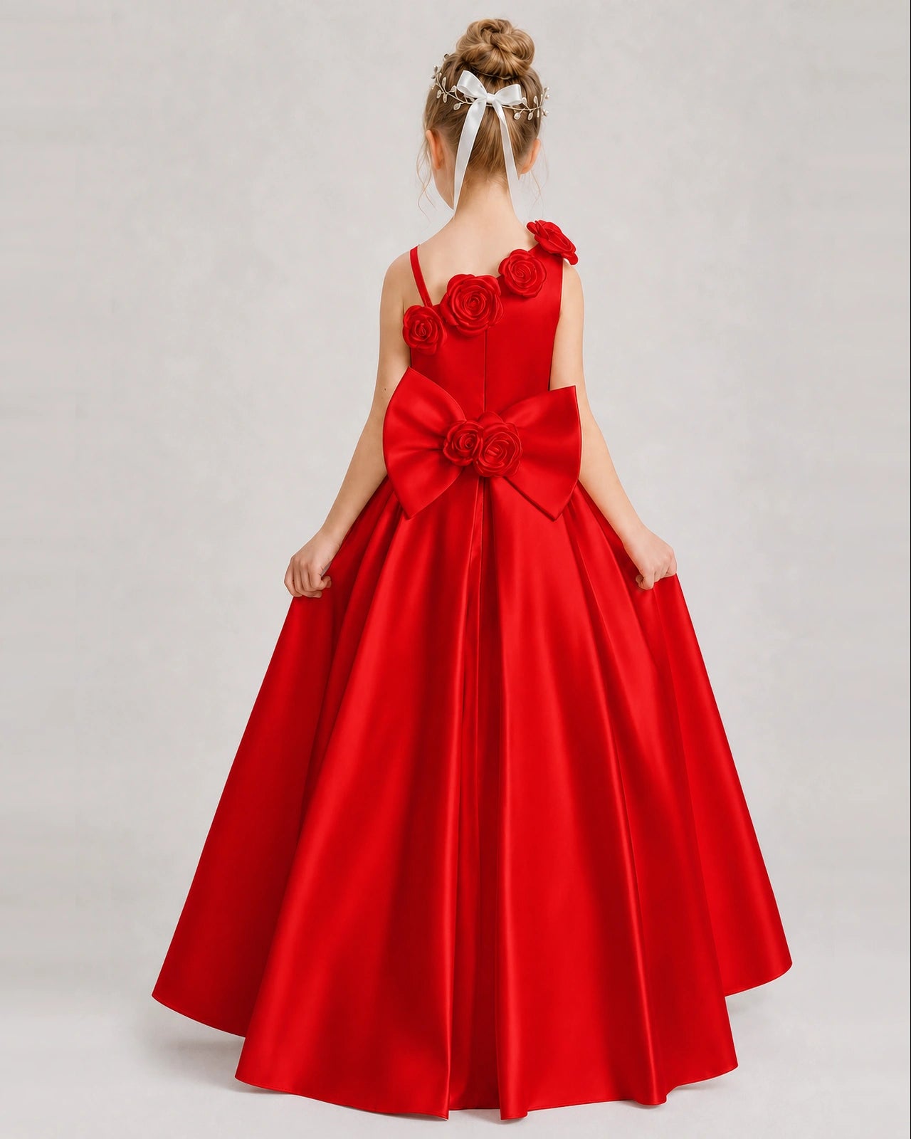 Red Flower Girl Dress One-Shoulder 3D Rose Bow Satin Floor-Length Gown Back View