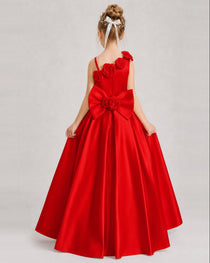 Red Flower Girl Dress One-Shoulder 3D Rose Bow Satin Floor-Length Gown Back View