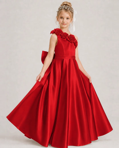 Red Flower Girl Dress One-Shoulder 3D Rose Bow Satin Floor-Length Gown Front View