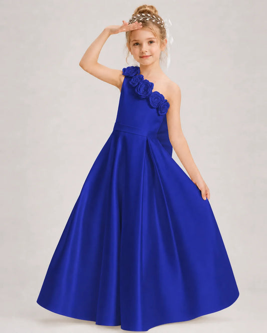 Royal Blue Satin A-line Girls Formal Dress Front View