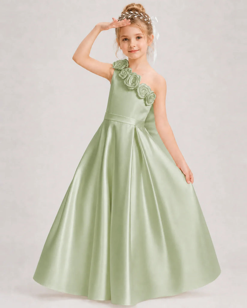Sage Green Satin A-line Girls Formal Dress Front View