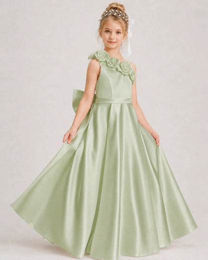 Sage Green Flower Girl Dress One-Shoulder 3D Rose Bow Satin Floor-Length Gown Front View