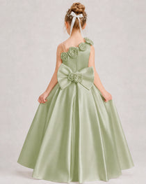 Sage Green Flower Girl Dress One-Shoulder 3D Rose Bow Satin Floor-Length Gown Back View