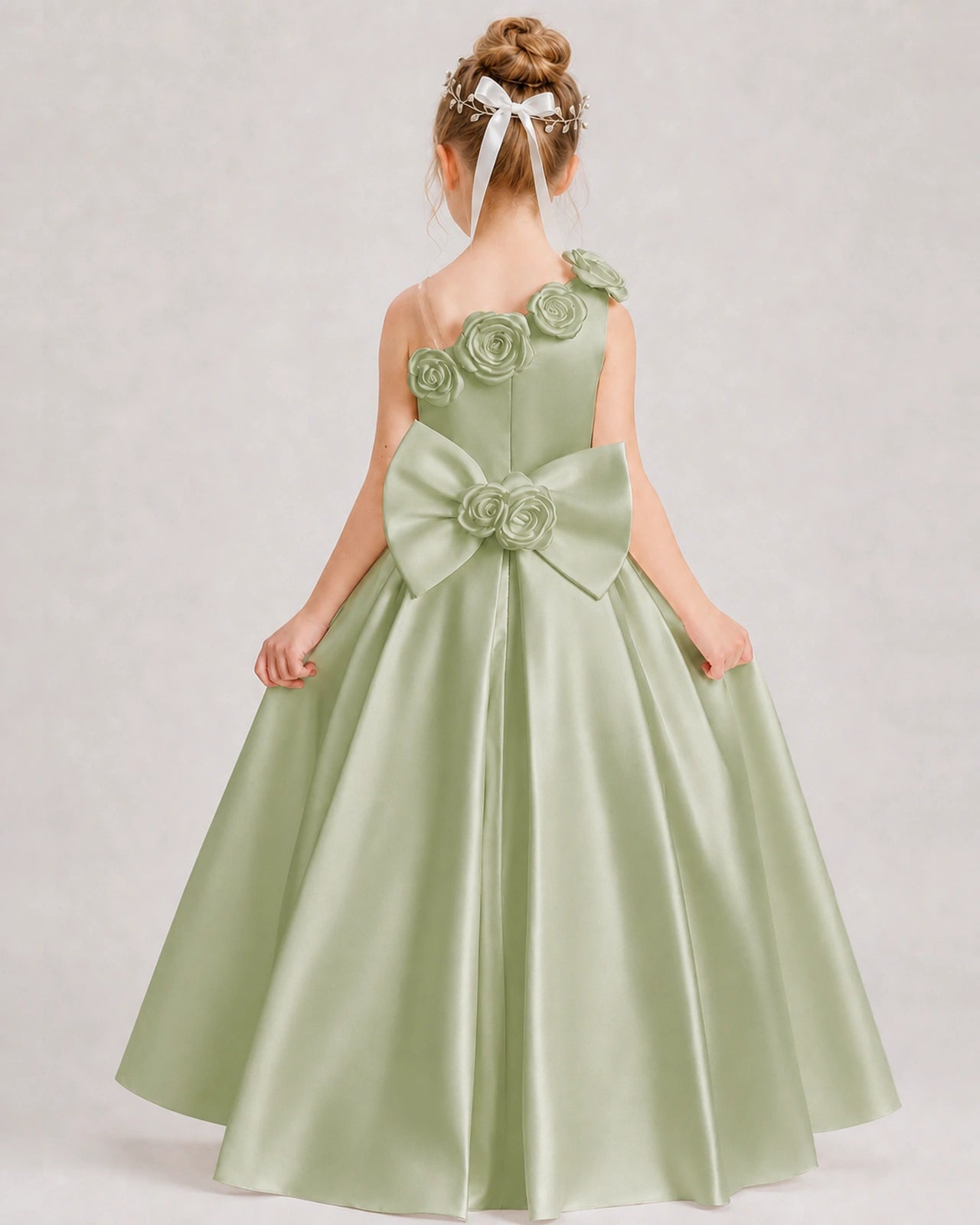 Sage Green Flower Girl Dress One-Shoulder 3D Rose Bow Satin Floor-Length Gown Back View