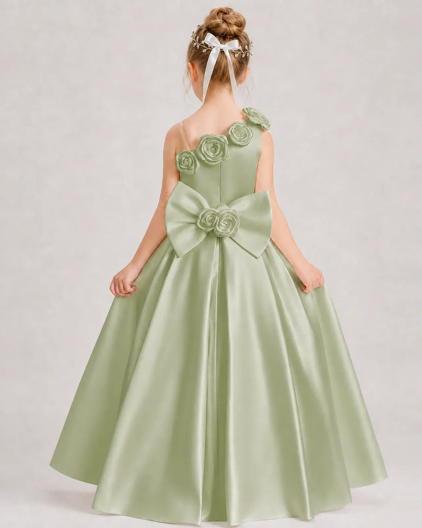 Sage Green Satin A-line Girls Formal Dress Back View
