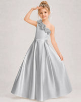Silver Satin A-line Girls Formal Dress Front View