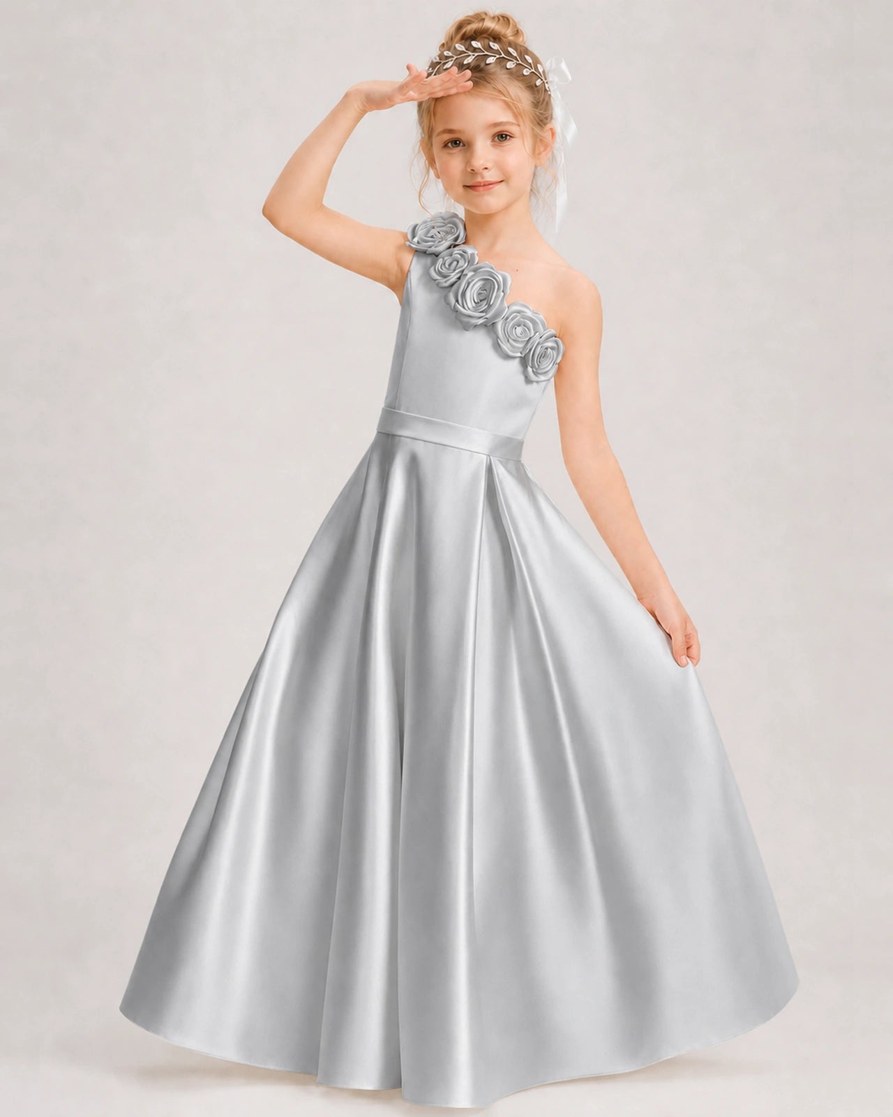 Silver Flower Girl Dress One-Shoulder 3D Rose Bow Satin Floor-Length Gown Front View