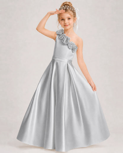 Silver Flower Girl Dress One-Shoulder 3D Rose Bow Satin Floor-Length Gown Front View