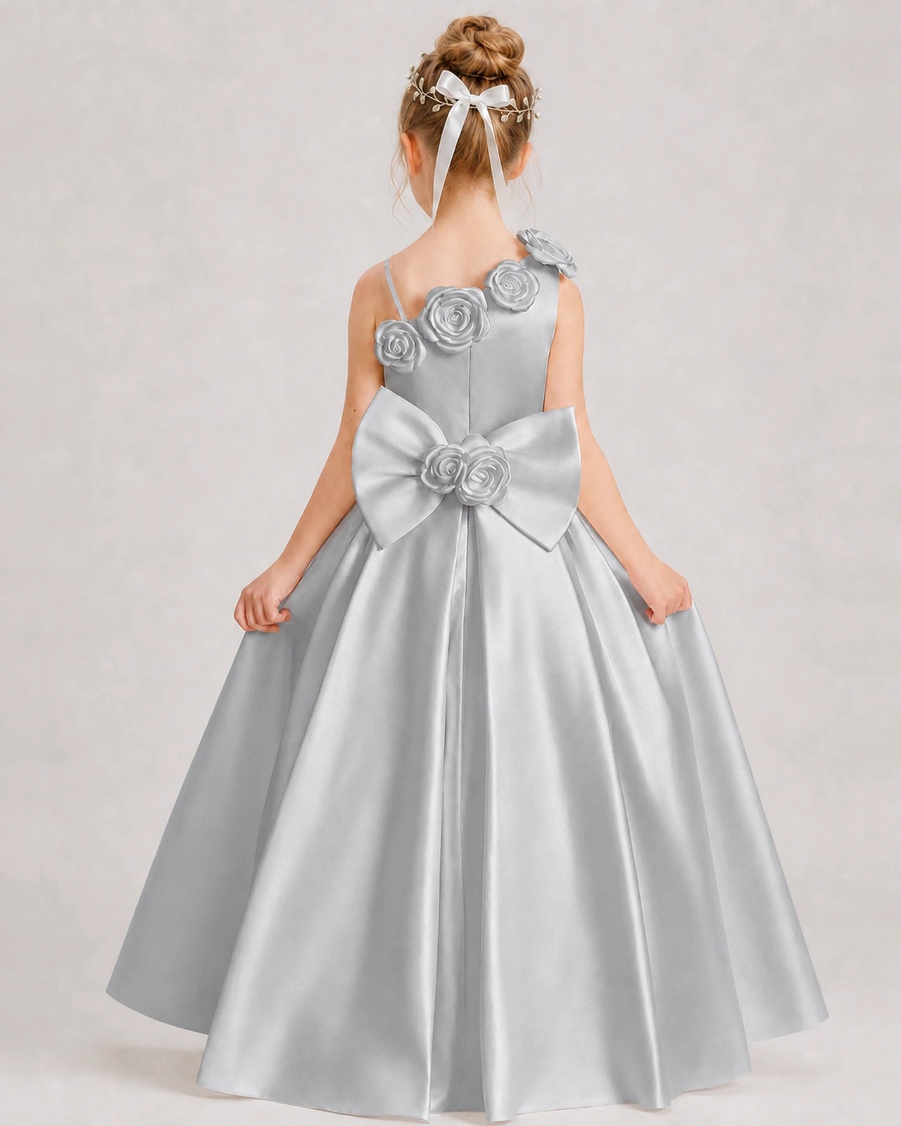 Silver Flower Girl Dress One-Shoulder 3D Rose Bow Satin Floor-Length Gown Back View