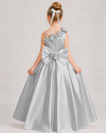 Silver Flower Girl Dress One-Shoulder 3D Rose Bow Satin Floor-Length Gown Back View