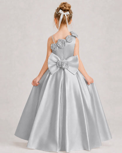Silver Flower Girl Dress One-Shoulder 3D Rose Bow Satin Floor-Length Gown Back View