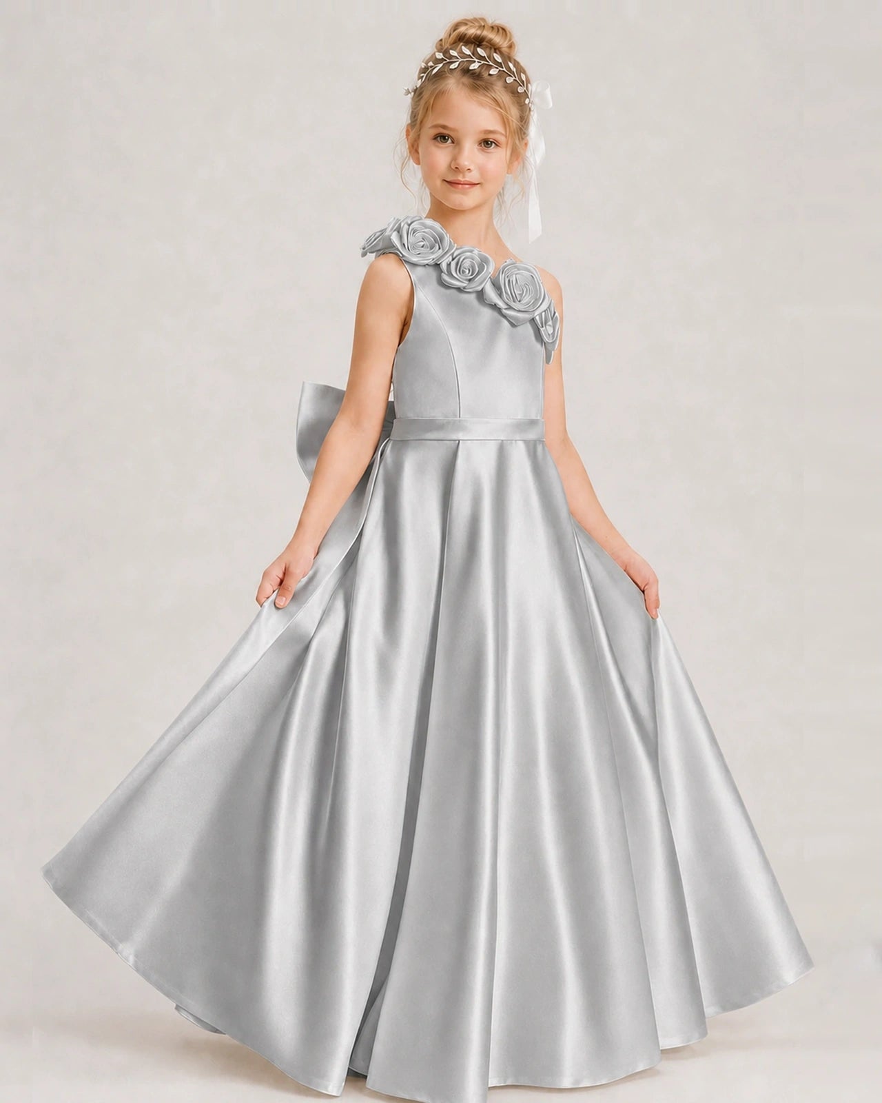 Silver Flower Girl Dress One-Shoulder 3D Rose Bow Satin Floor-Length Gown Front View
