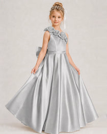 Silver Flower Girl Dress One-Shoulder 3D Rose Bow Satin Floor-Length Gown Front View