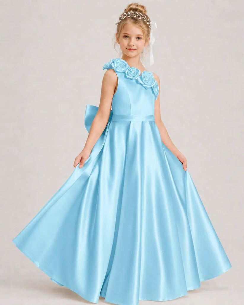 Sky Blue Satin A-line Girls Formal Dress Front View