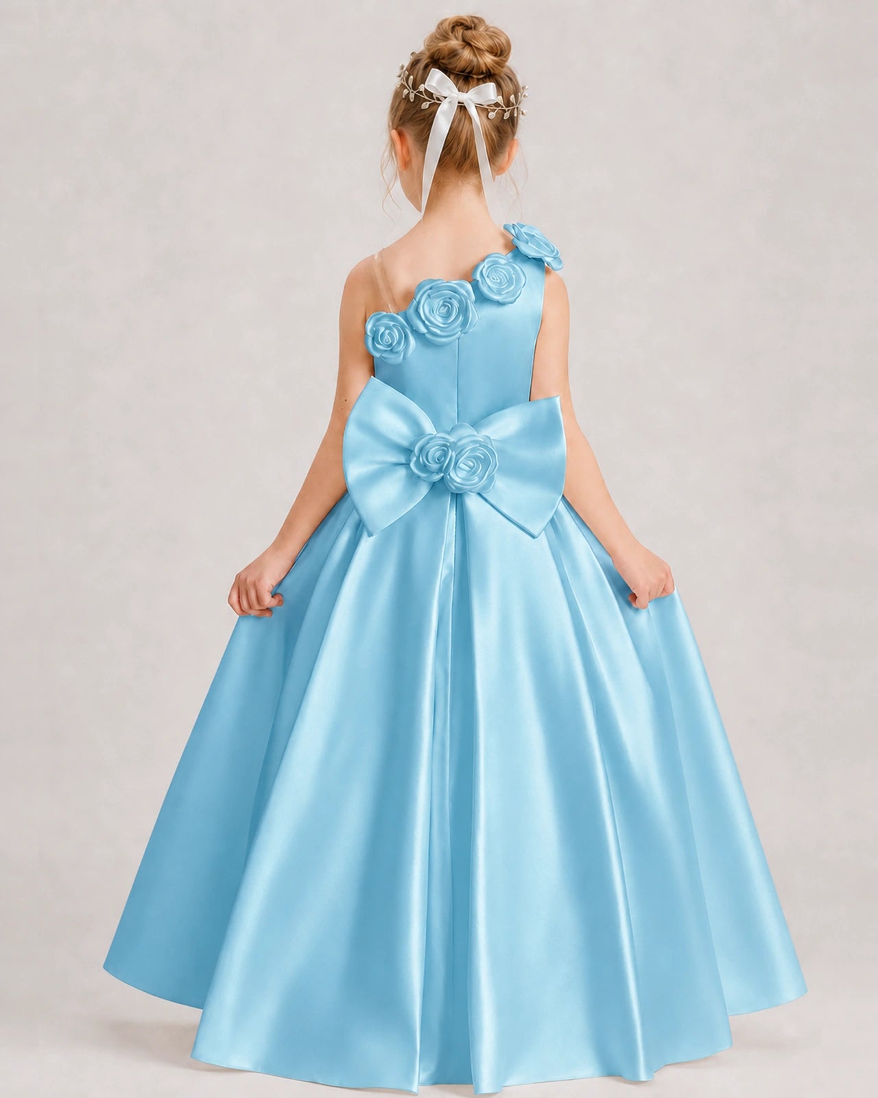 Sky Blue Flower Girl Dress One-Shoulder 3D Rose Bow Satin Floor-Length Gown Back View