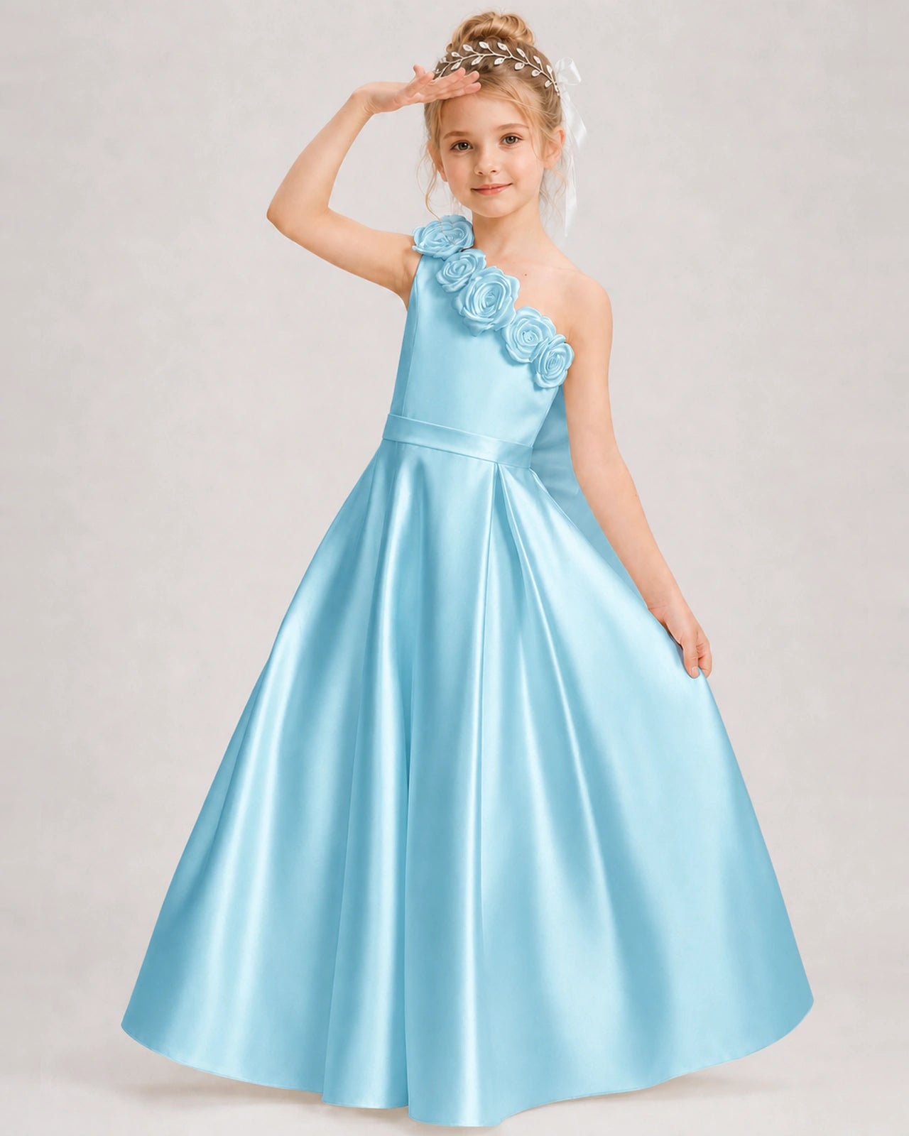 Sky Blue Flower Girl Dress One-Shoulder 3D Rose Bow Satin Floor-Length Gown Front View