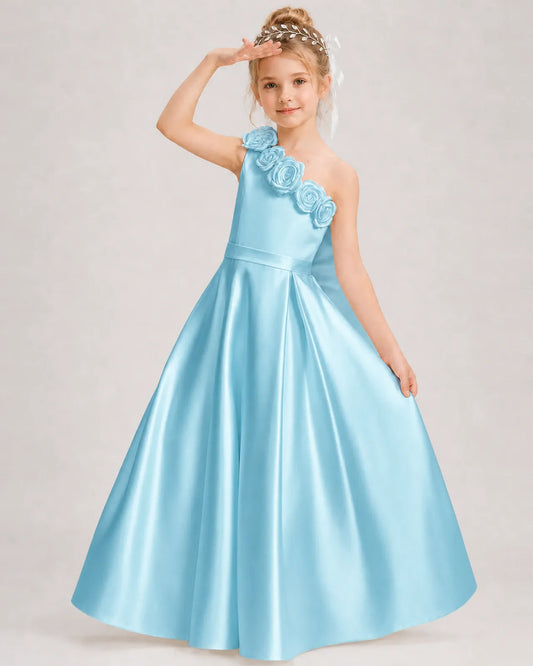 Sky Blue Satin A-line Girls Formal Dress Front View
