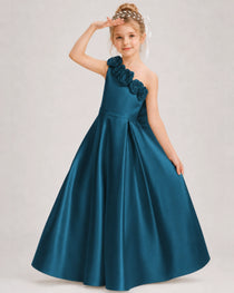 Teal Flower Girl Dress One-Shoulder 3D Rose Bow Satin Floor-Length Gown Front View
