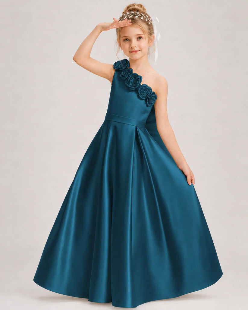 Teal Satin A-line Girls Formal Dress Front View